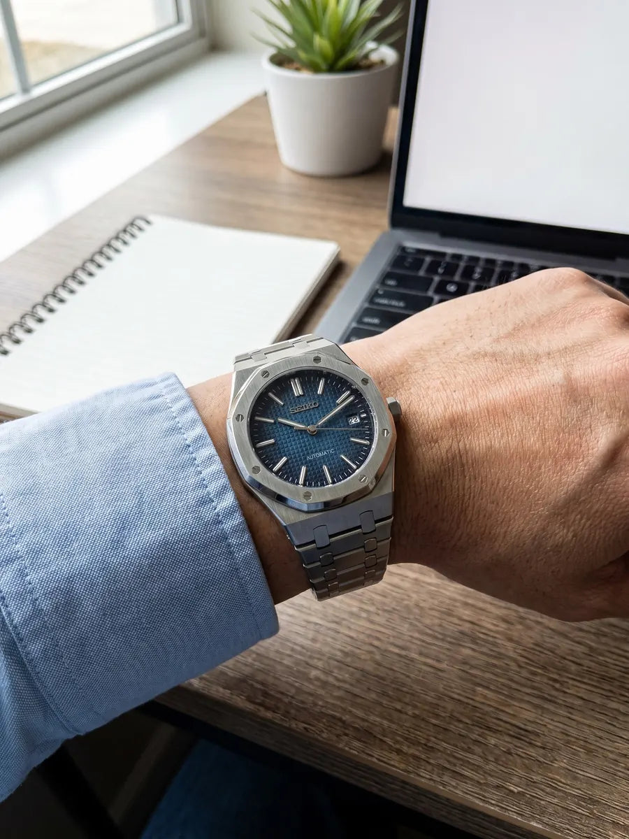 Seiko Mod Land Dweller - Baby Blue on the wrist