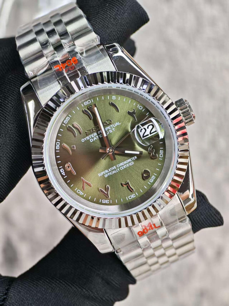 Seiko Mod Datejust – Cadran vert olive chiffres arabes