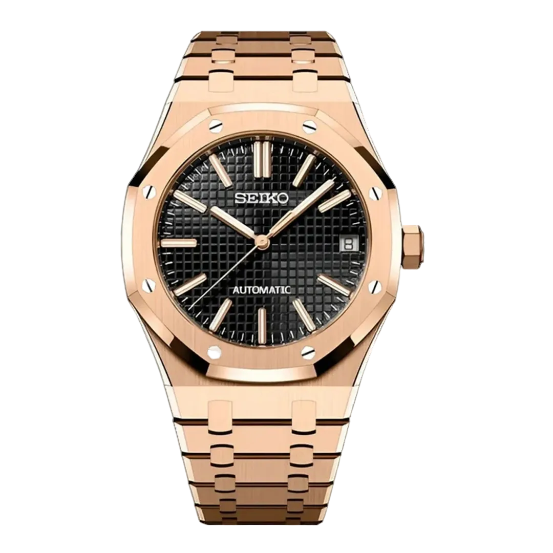 Seiko Mod Royal Oak – Cadran Tapisserie Noir Or Rose