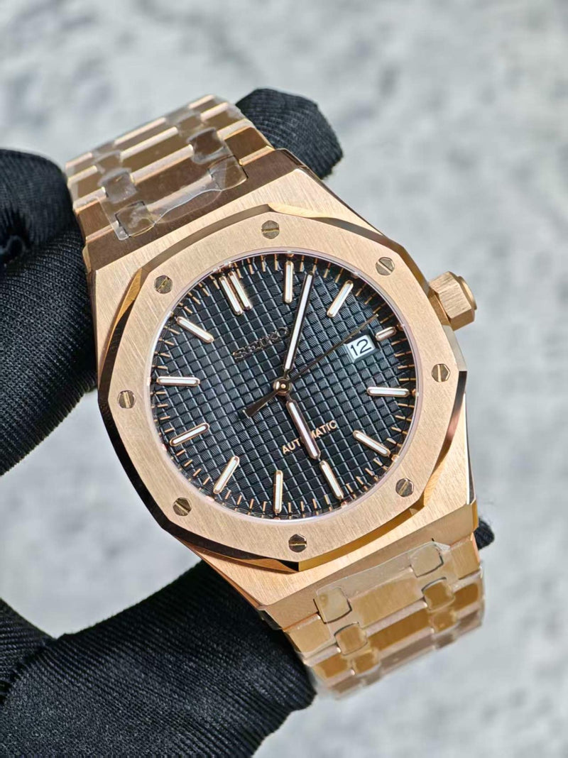 Seiko Mod Royal Oak – Rose Gold Black Tapisserie Dial