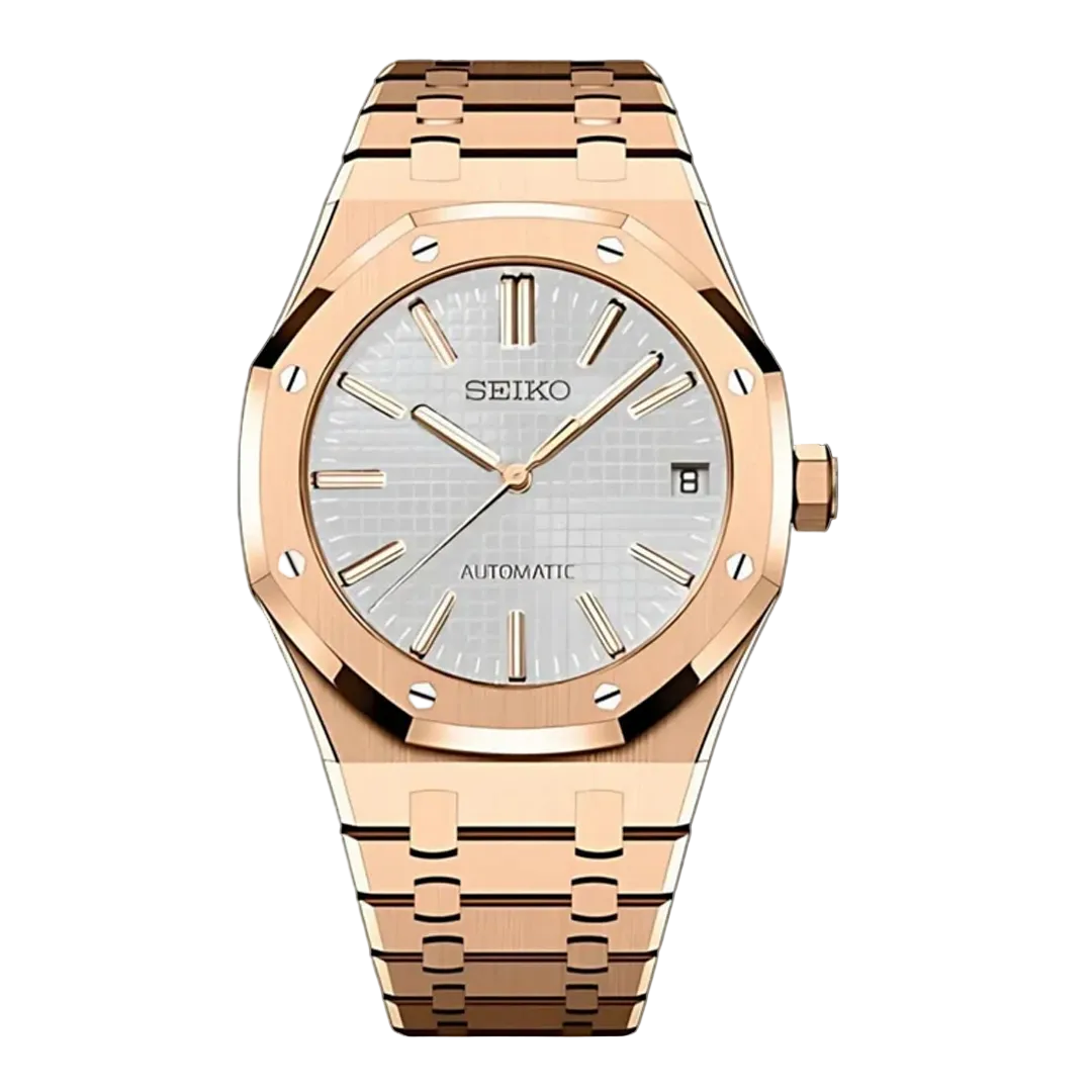 Seiko Mod Royal Oak – Rose Gold Silver Tapisserie Dial