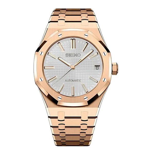Seiko Mod Royal Oak – Rose Gold Silver Tapisserie Dial