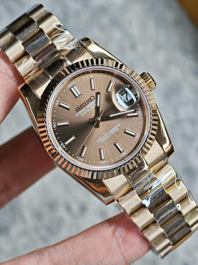 Seiko Mod Datejust - Cadran Chocolat Or Rose