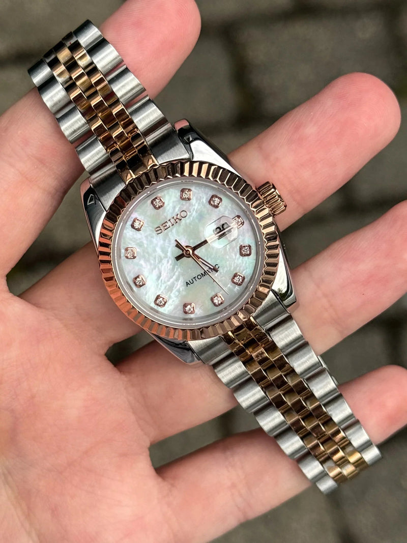 Seiko Mod Ladyjust Rose Gold MOP wrist shot