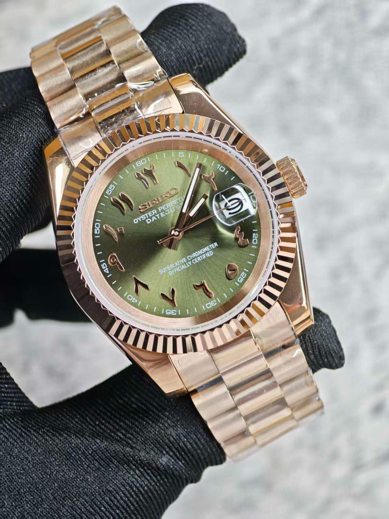 Seiko Mod Datejust – Rose Gold Arabic Olive Green Dial