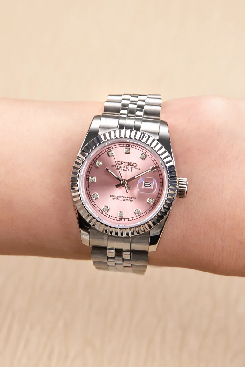 Seiko Mod Ladyjust Pink Diamond wrist detail
