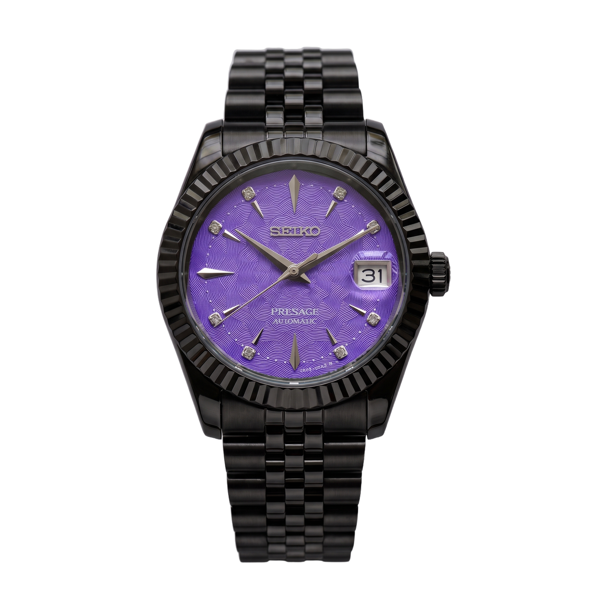 Amethyst Dusk All Black Seiko mod Presage front view on Jubilee