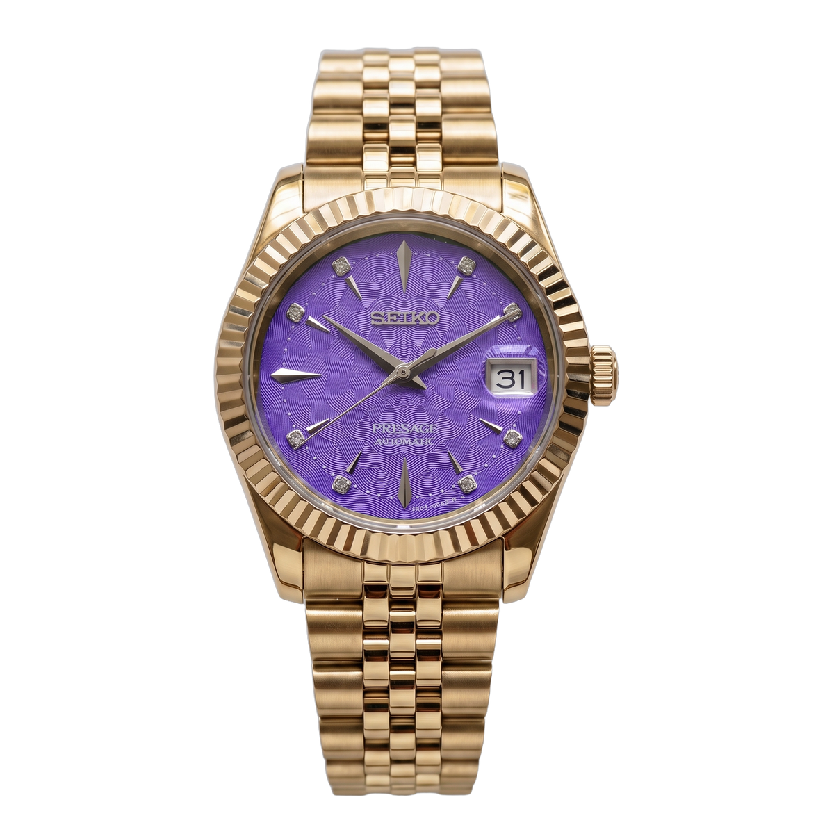 Amethyst Dusk Gold Seiko mod Presage front view on Jubilee