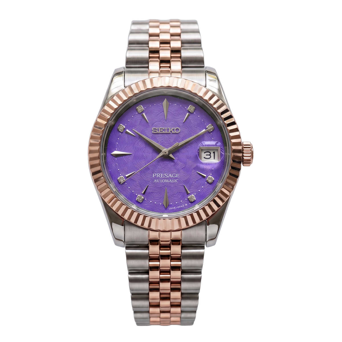 Amethyst Dusk Two-Tone Rose Gold Seiko mod Presage front view on Jubilee