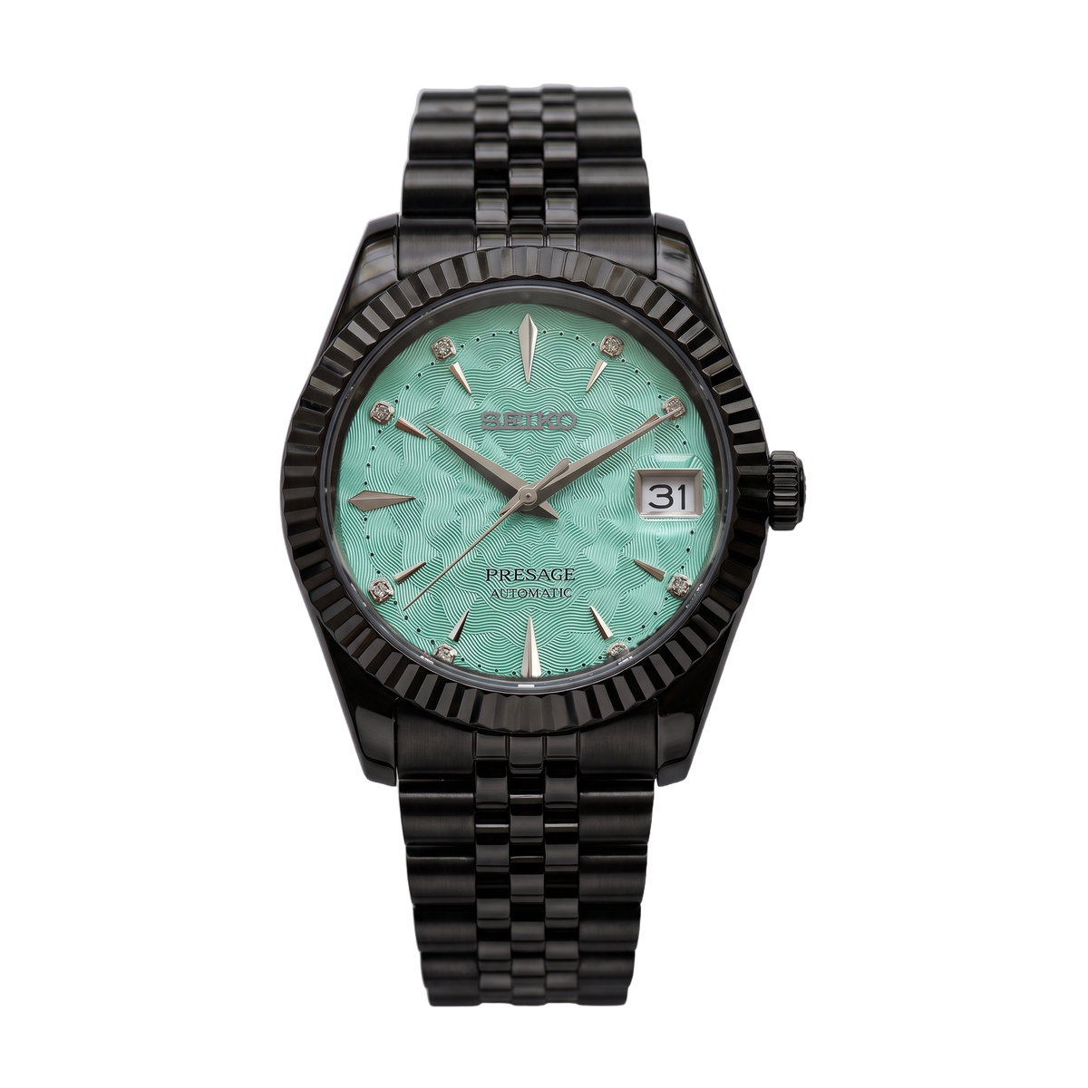 Aquamarine Tide All Black Seiko mod Presage front view on Jubilee
