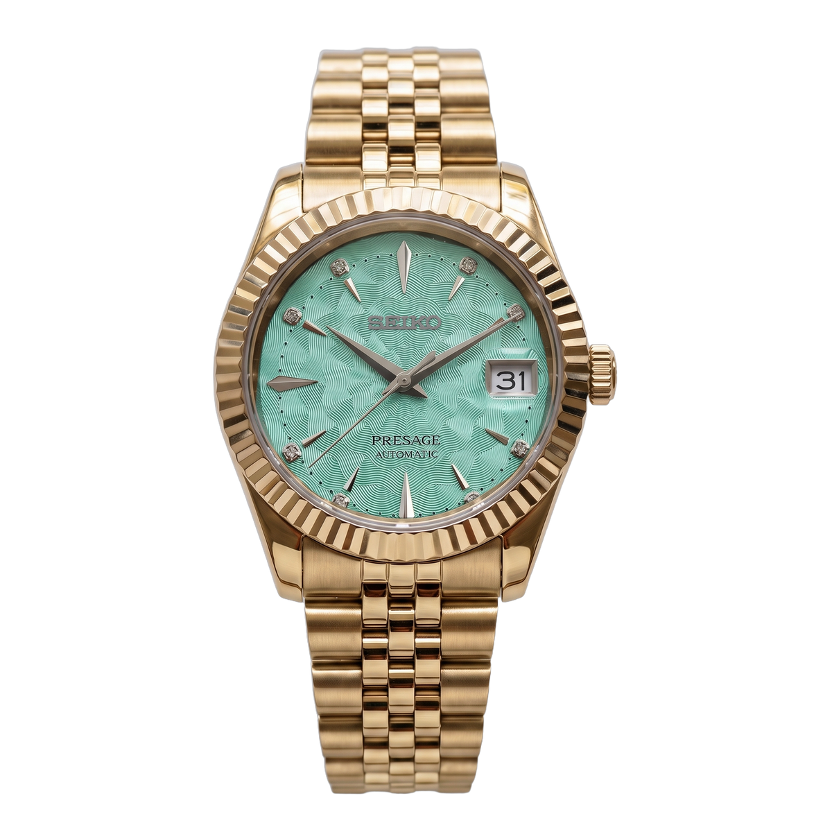 Aquamarine Tide Gold Seiko mod Presage front view on Jubilee