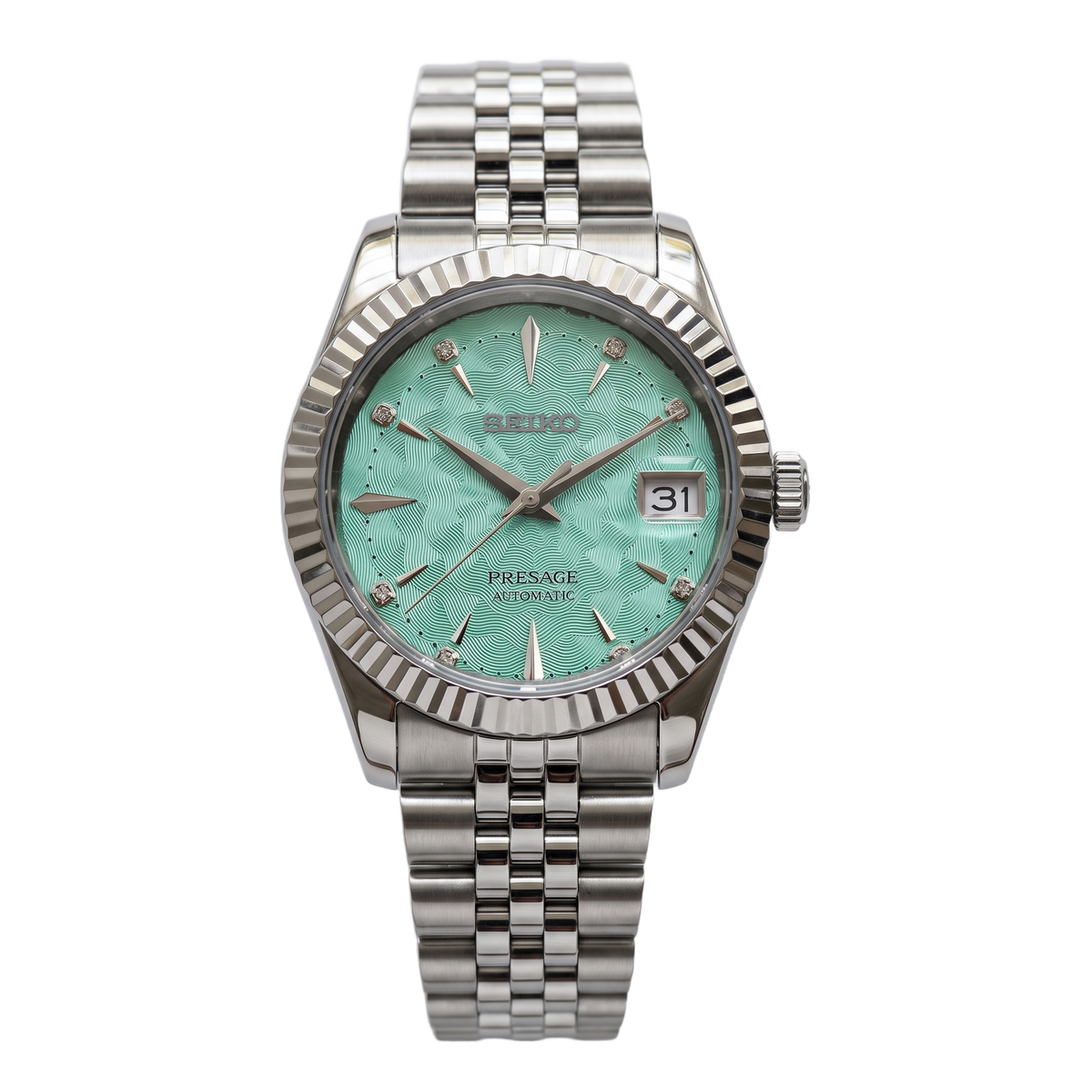 Aquamarine Tide Seiko mod Presage front view on Jubilee