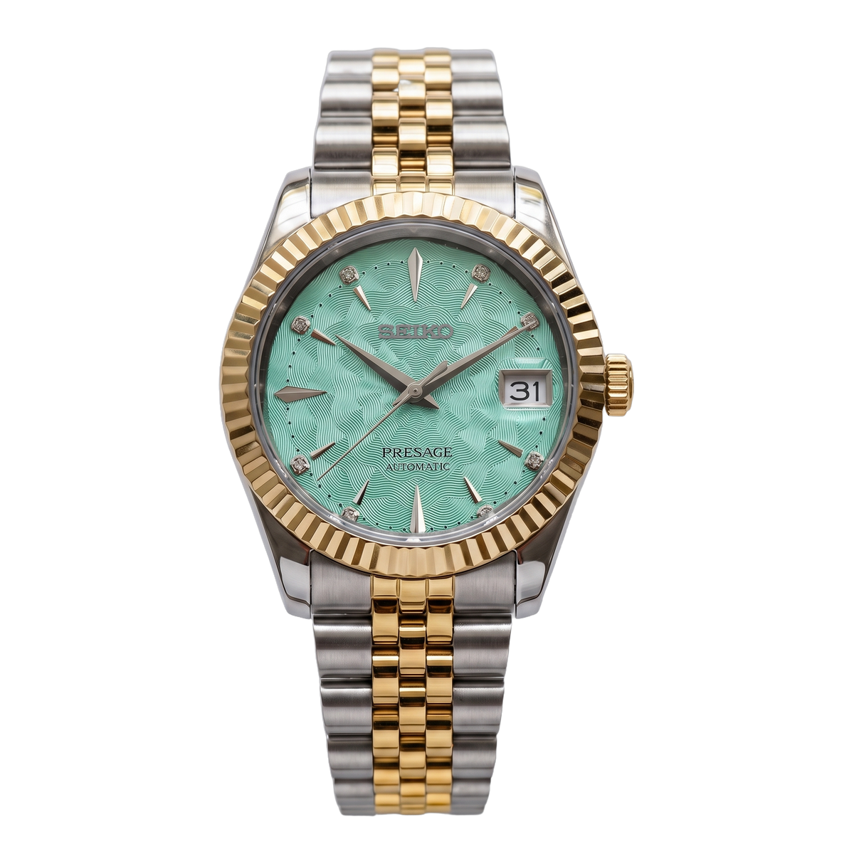 Aquamarine Tide Two-Tone Gold Seiko mod Presage front view on Jubilee