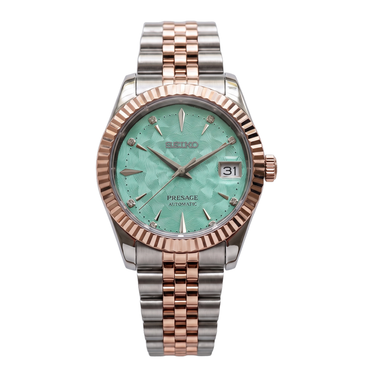 Aquamarine Tide Two-Tone Rose Gold Seiko mod Presage front view on Jubilee