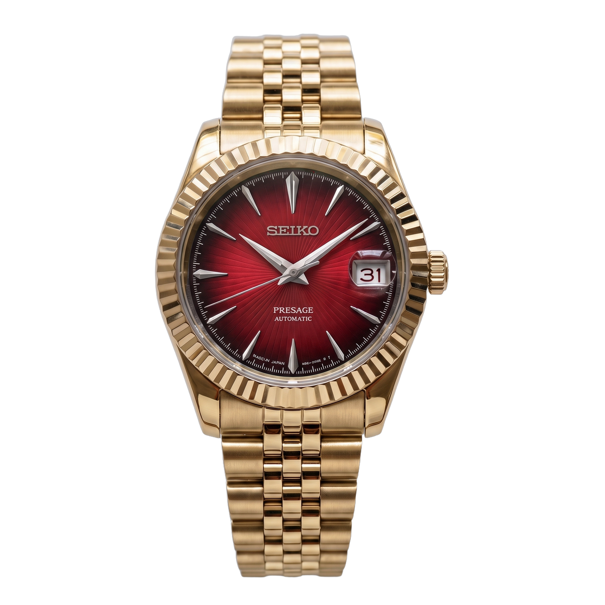 Crimson Sunburst Gold Seiko mod Presage front view on Jubilee