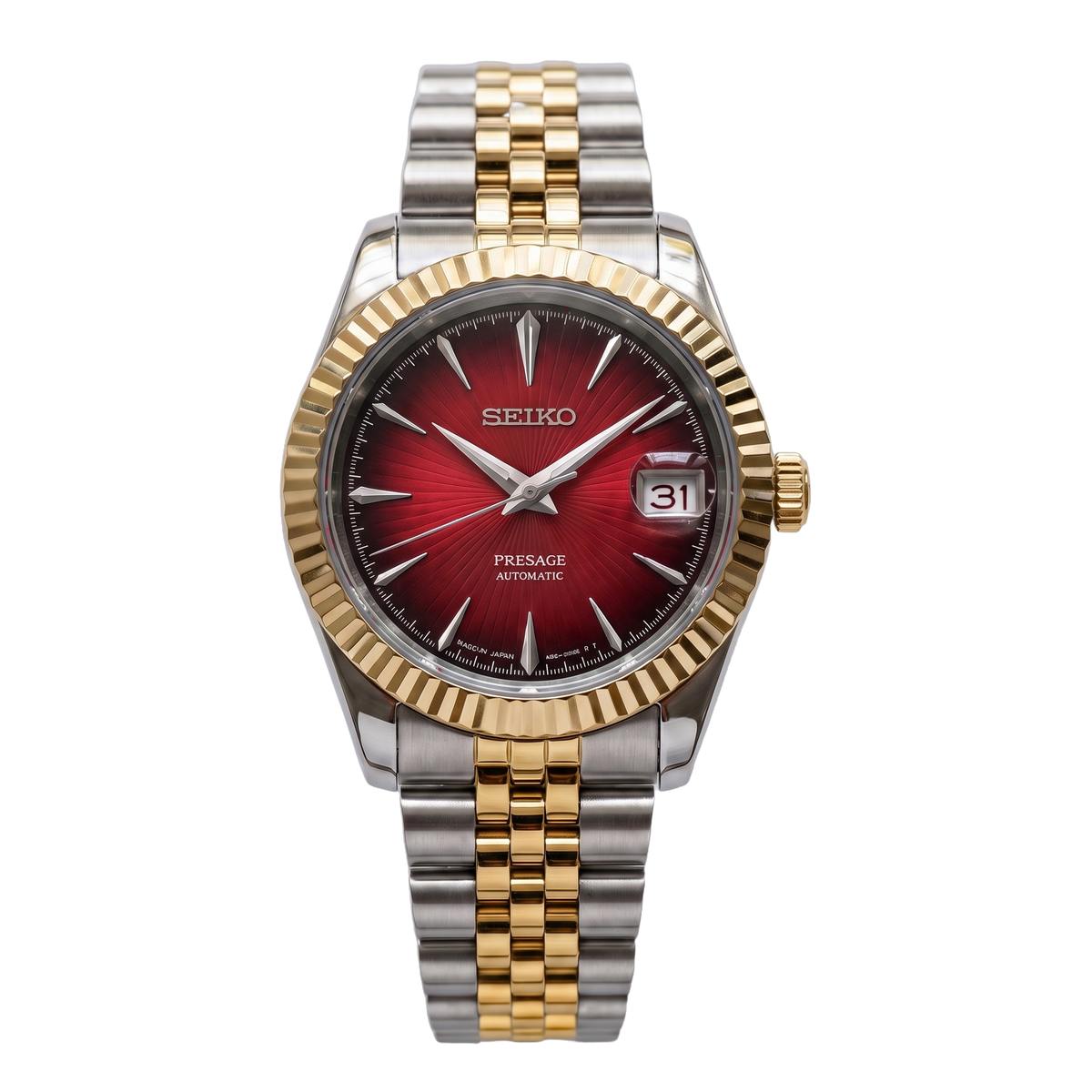 Crimson Sunburst Two-Tone Gold Seiko mod Presage front view on Jubilee