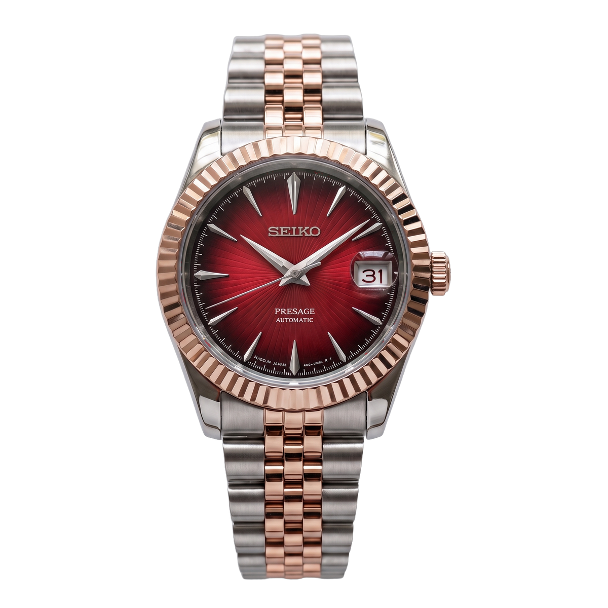 Crimson Sunburst Two-Tone Rose Gold Seiko mod Presage front view on Jubilee