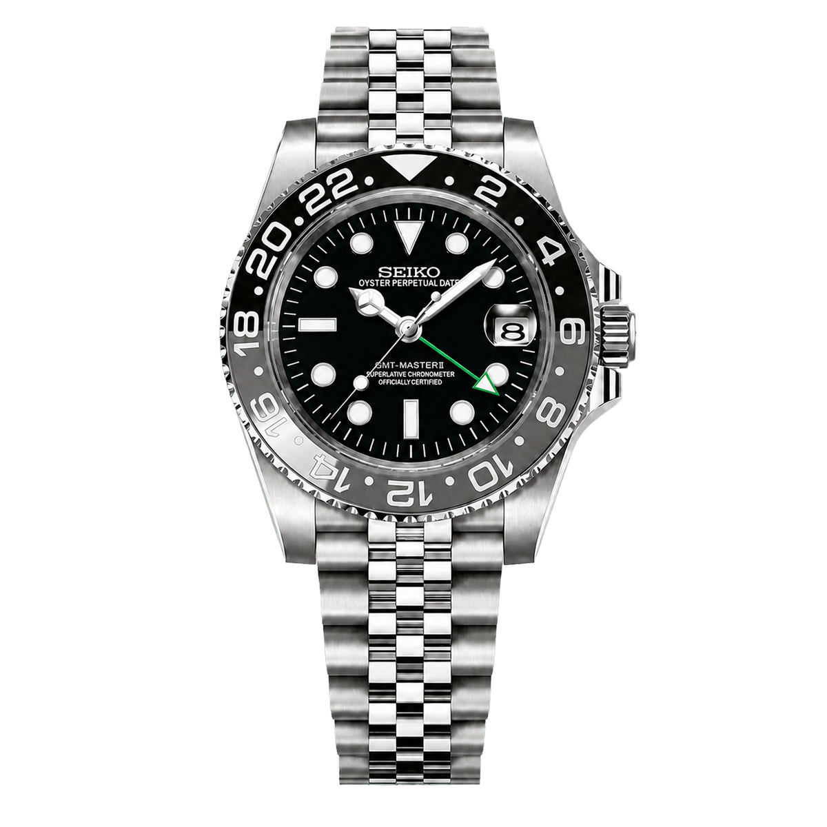Seiko Mod GMT Bruce Wayne glare-free dial and green GMT hand transparent product view