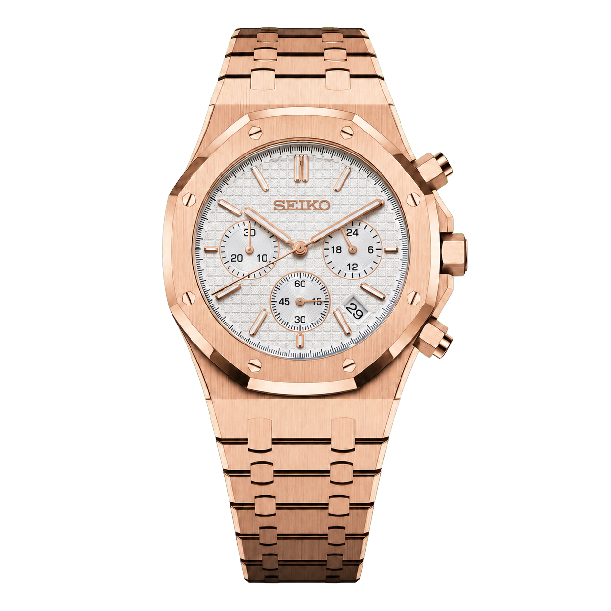 Seiko Mod Royal Oak Chronograph – Rose Gold White Dial transparent product view