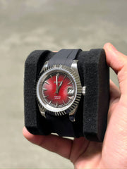 Crimson Sunburst black rubber strap and fluted case view