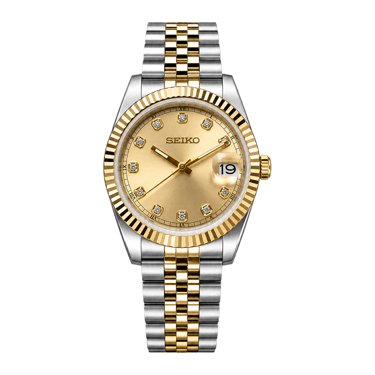 Seiko Mod Datejust Gold Diamond Dial Two-Tone transparent product view