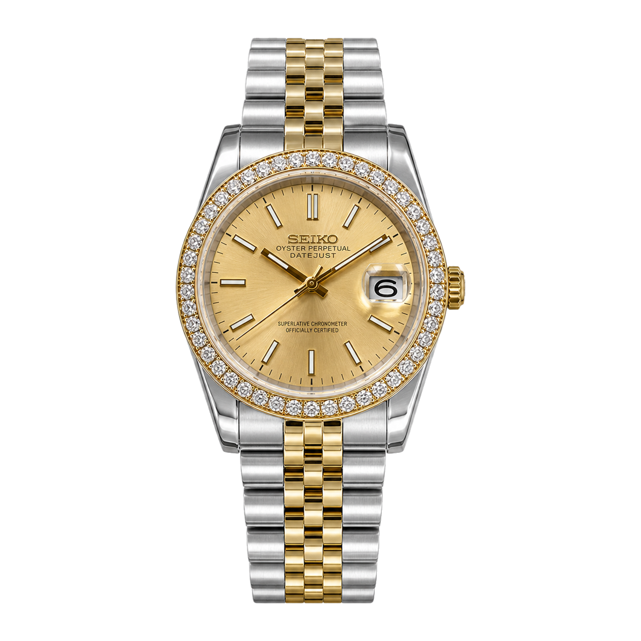 Seiko Mod Datejust – Gold Dial Diamond Bezel (Two-Tone) transparent product view
