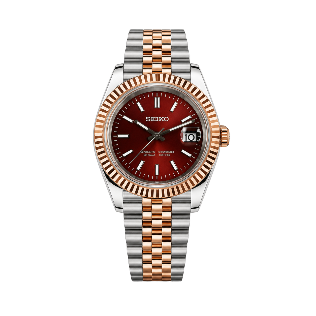 Seiko Mod Datejust – Red Sunburst Dial (Two-Tone Rose Gold) watch