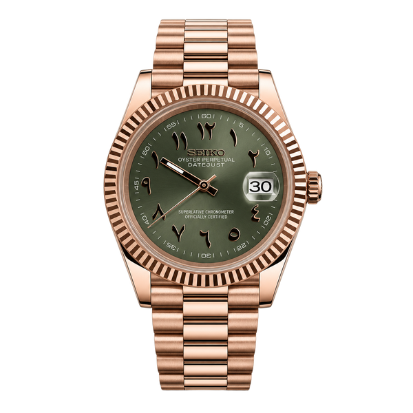 Seiko Mod Datejust – Rose Gold Arabic Olive Green Dial – Chrome