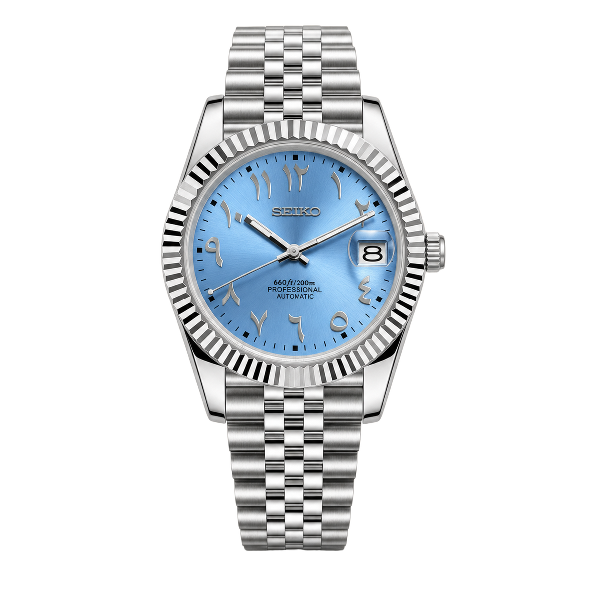 SEIKO mod ライトブルー文字盤 Seiko Mod Datejust - Sky Blue Arabic Dial – Chrome Watches