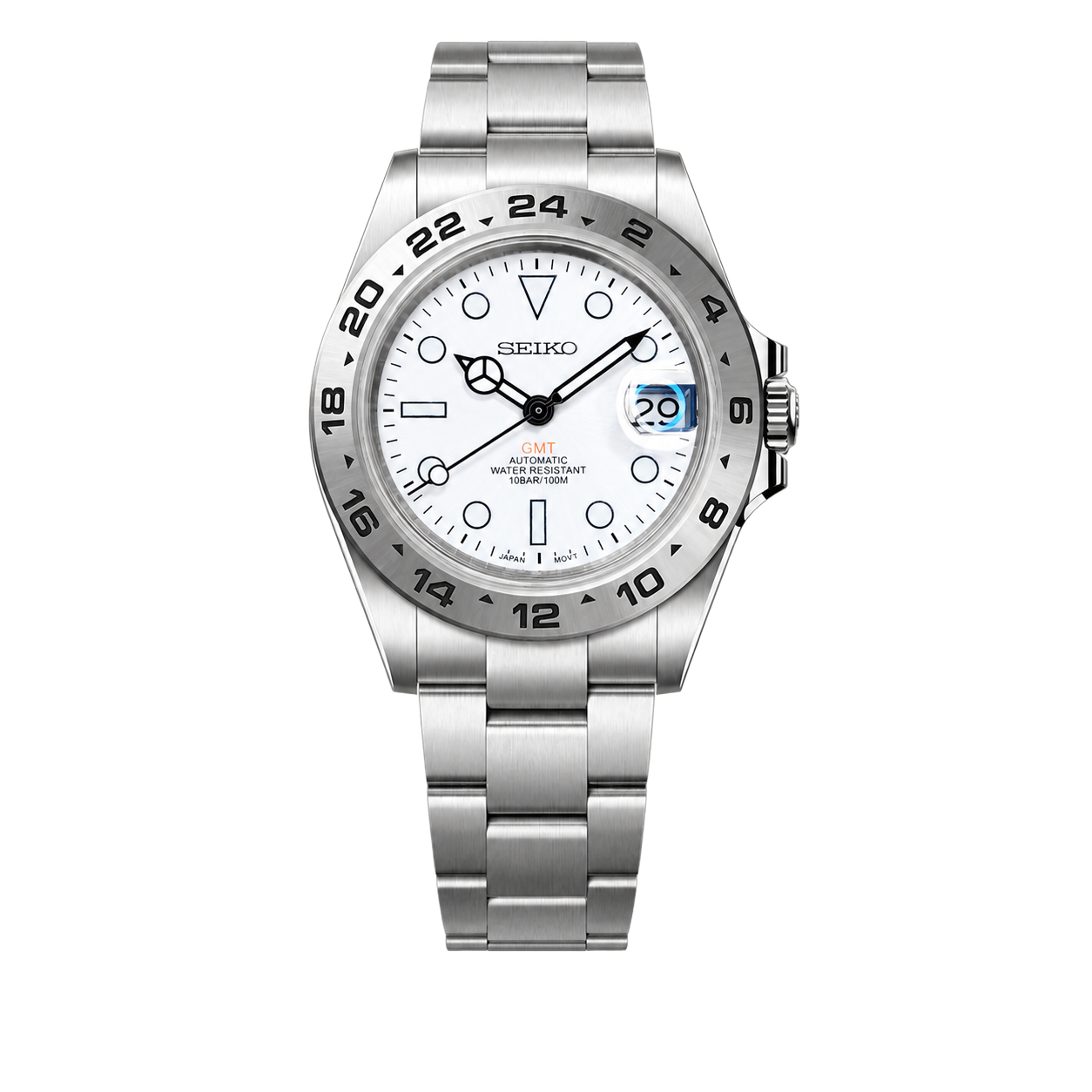 Seiko Mod GMT – Explorer II Bright Silver watch