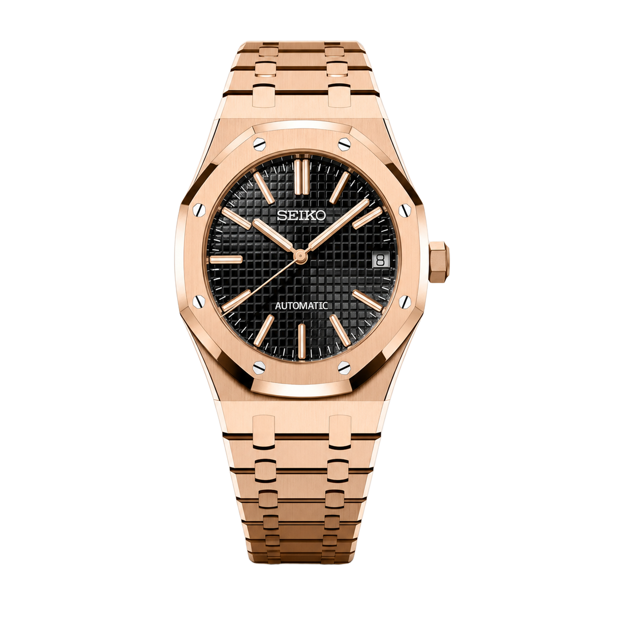 Seiko Mod Royal Oak – Rose Gold Black Tapisserie Dial watch