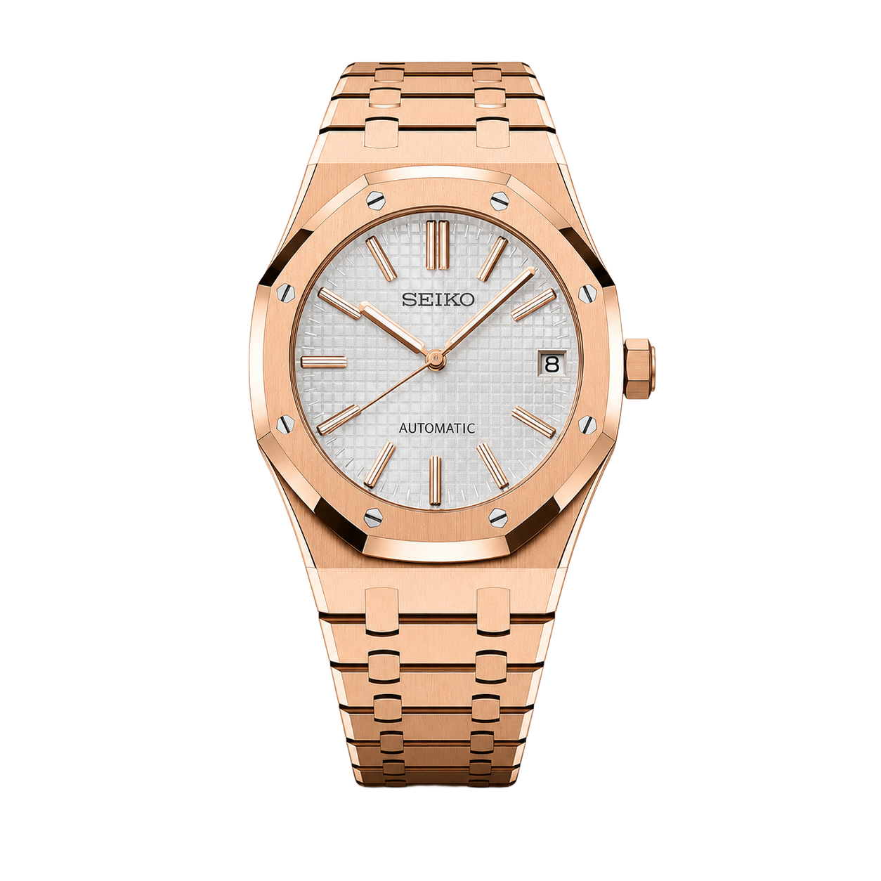 Seiko Mod Royal Oak – Rose Gold Silver Tapisserie Dial watch