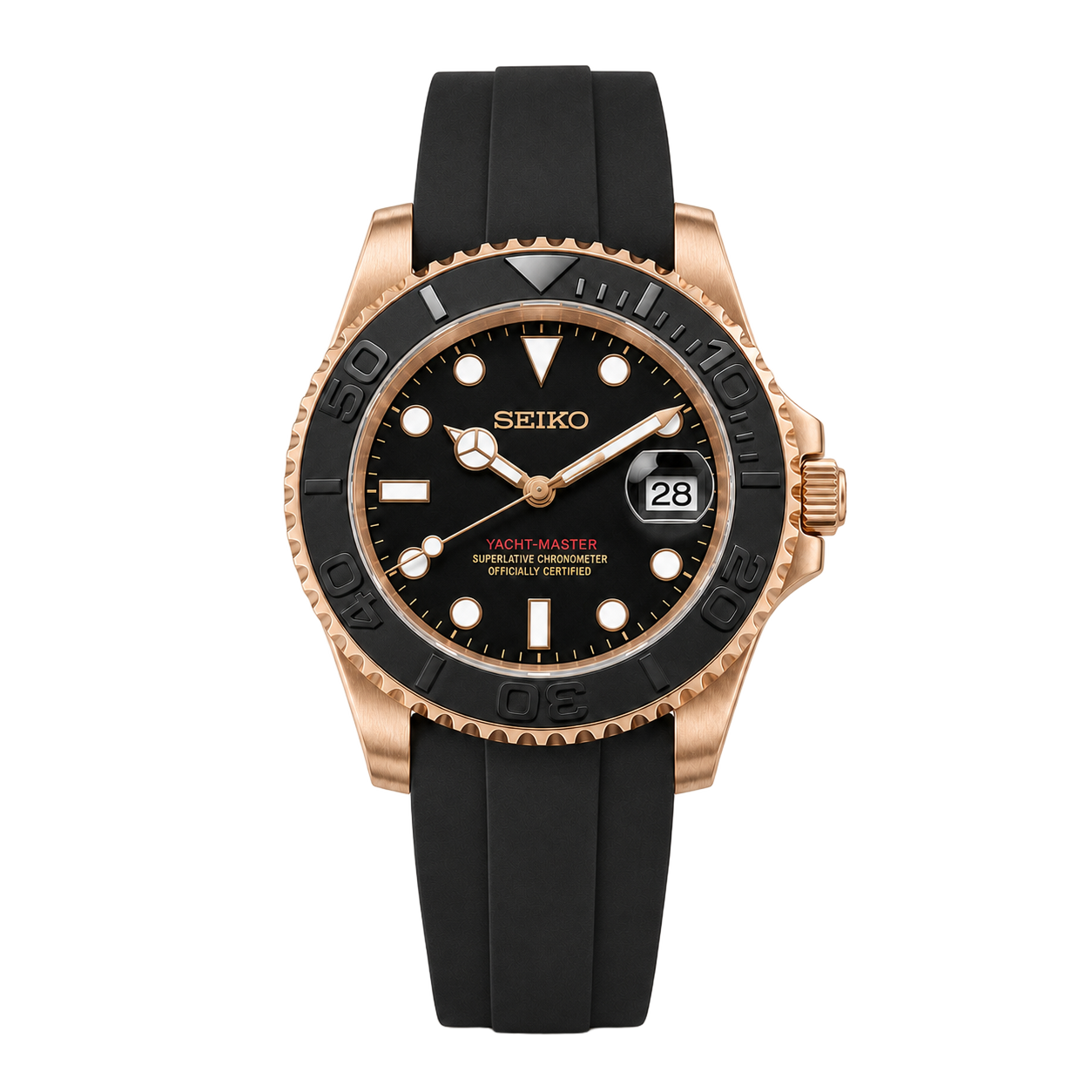 Seiko Mod Yacht-Master – Rose Gold Black Oysterflex watch