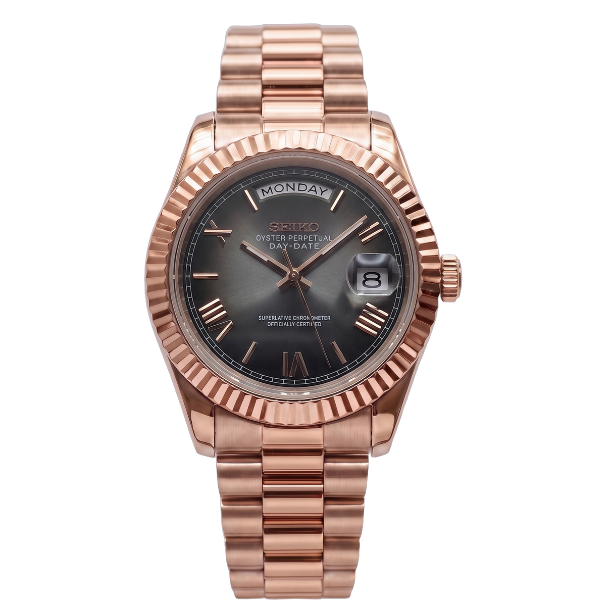 Black Ombre Seiko mod Day-Date front view on Presidential