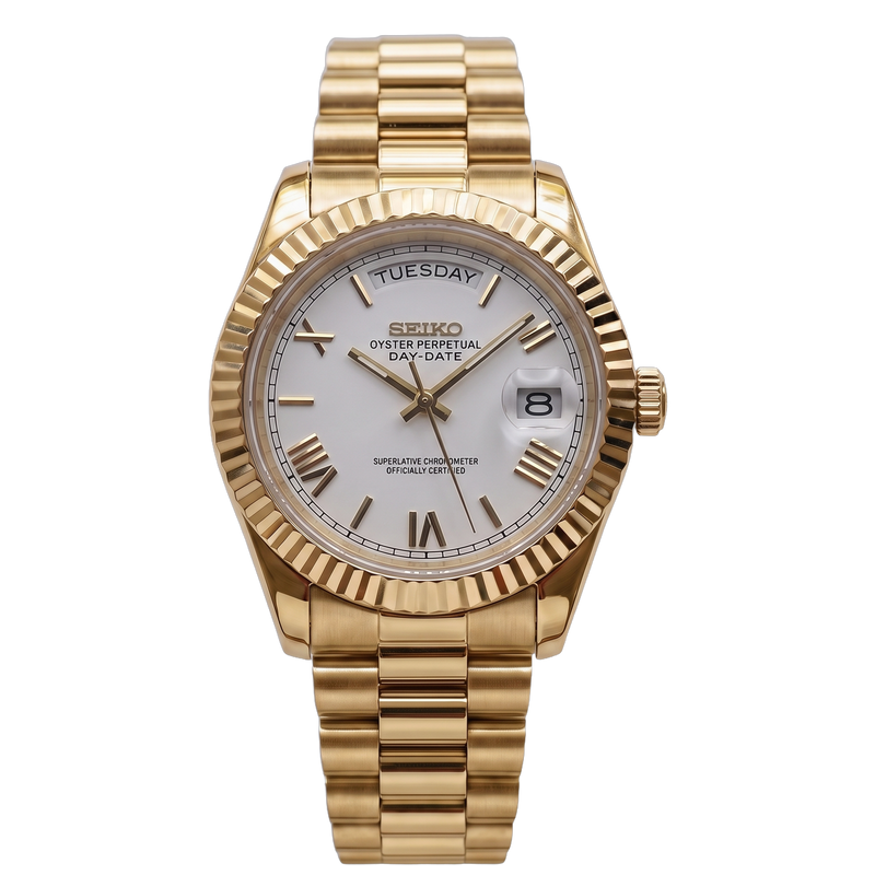 Seiko Mod Day-Date – Full Gold White Roman Dial
