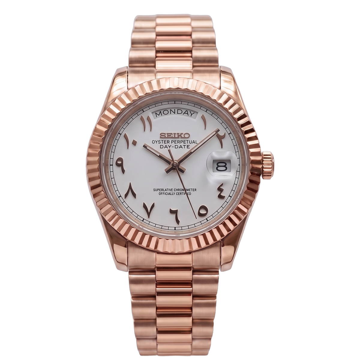 Rose White Arabic Seiko mod Day-Date front view on Presidential