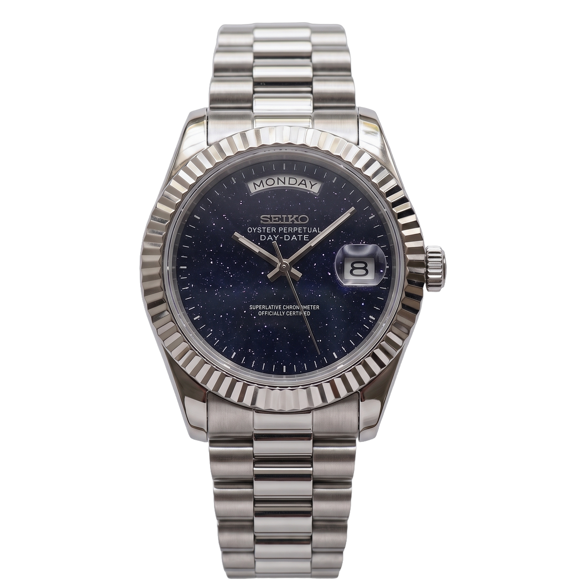 Blue Starry Dust Dial Seiko mod Day-Date front view on Presidential