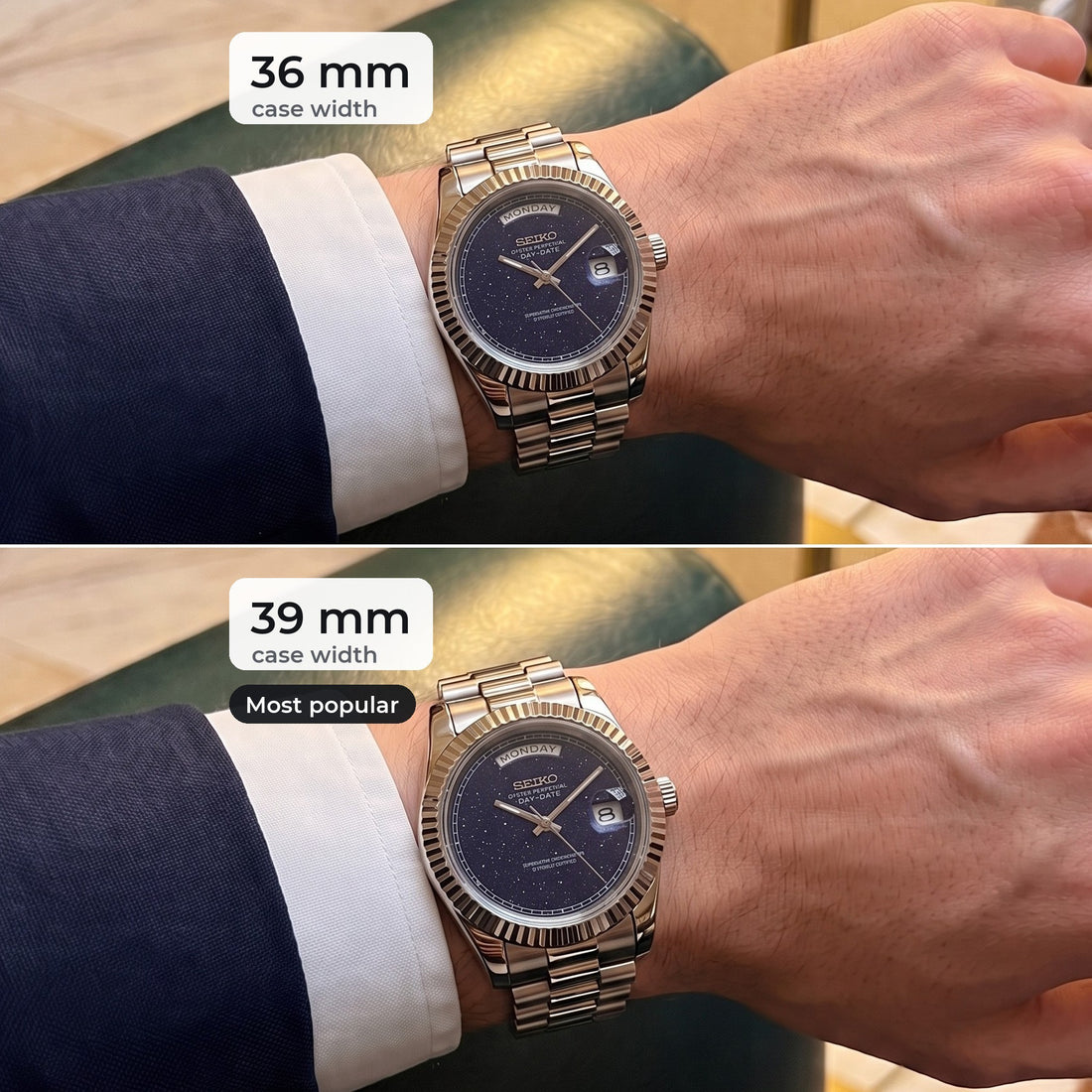 Day-Date 36mm and 39mm case sizes compared on the same wrist