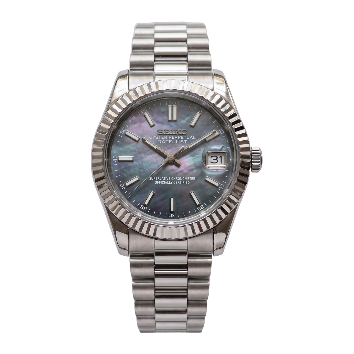 Black Mother of Pearl Seiko mod Datejust front view on Presidential