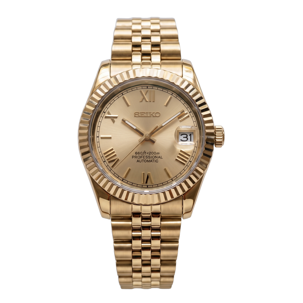 Full Gold Champagne Roman Seiko mod Datejust front view on Jubilee