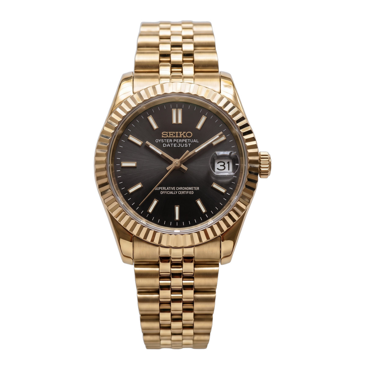 Full Gold Black Seiko mod Datejust front view on Jubilee