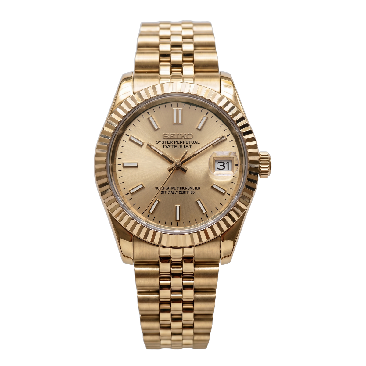 Full Gold Champagne Seiko mod Datejust front view on Jubilee