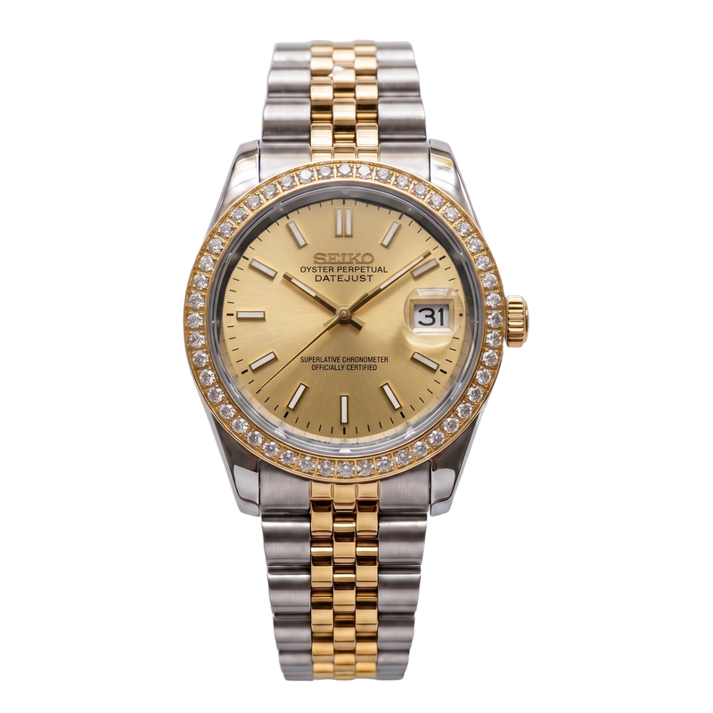 Seiko Mod Datejust – Gold Dial Diamond Bezel (Two-Tone)