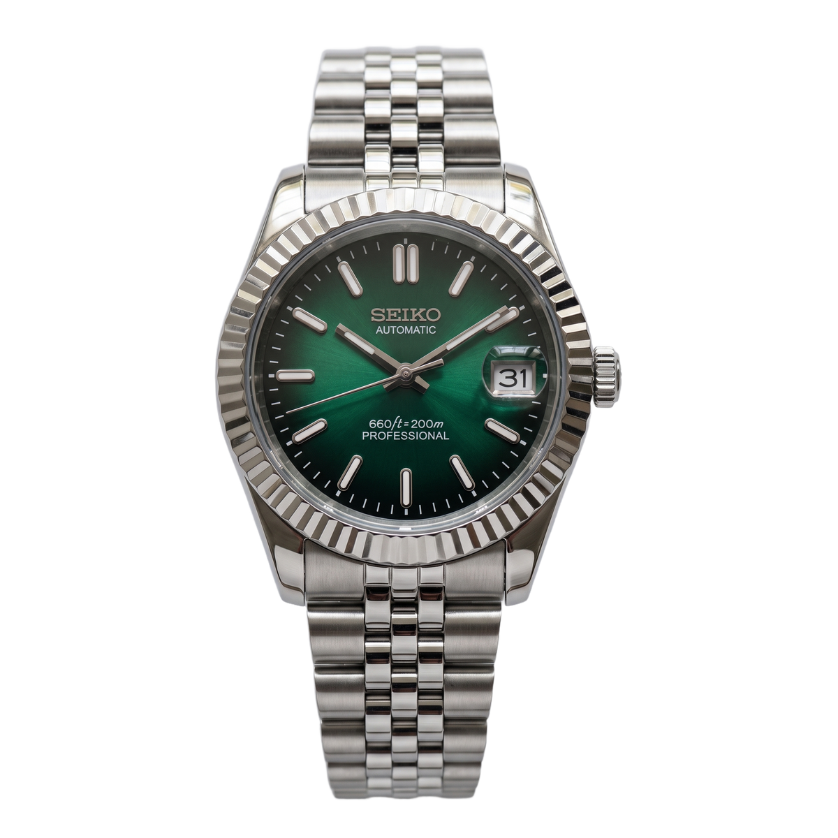 Green Ombre Seiko mod Datejust front view on Jubilee