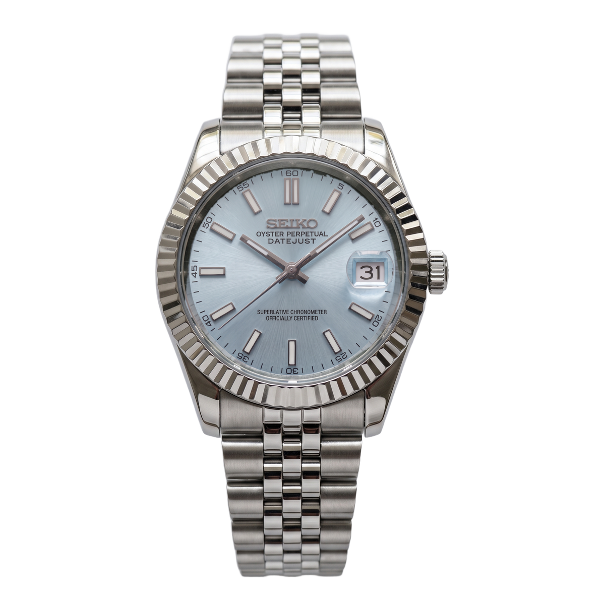 Ice Blue Seiko mod Datejust front view on Jubilee