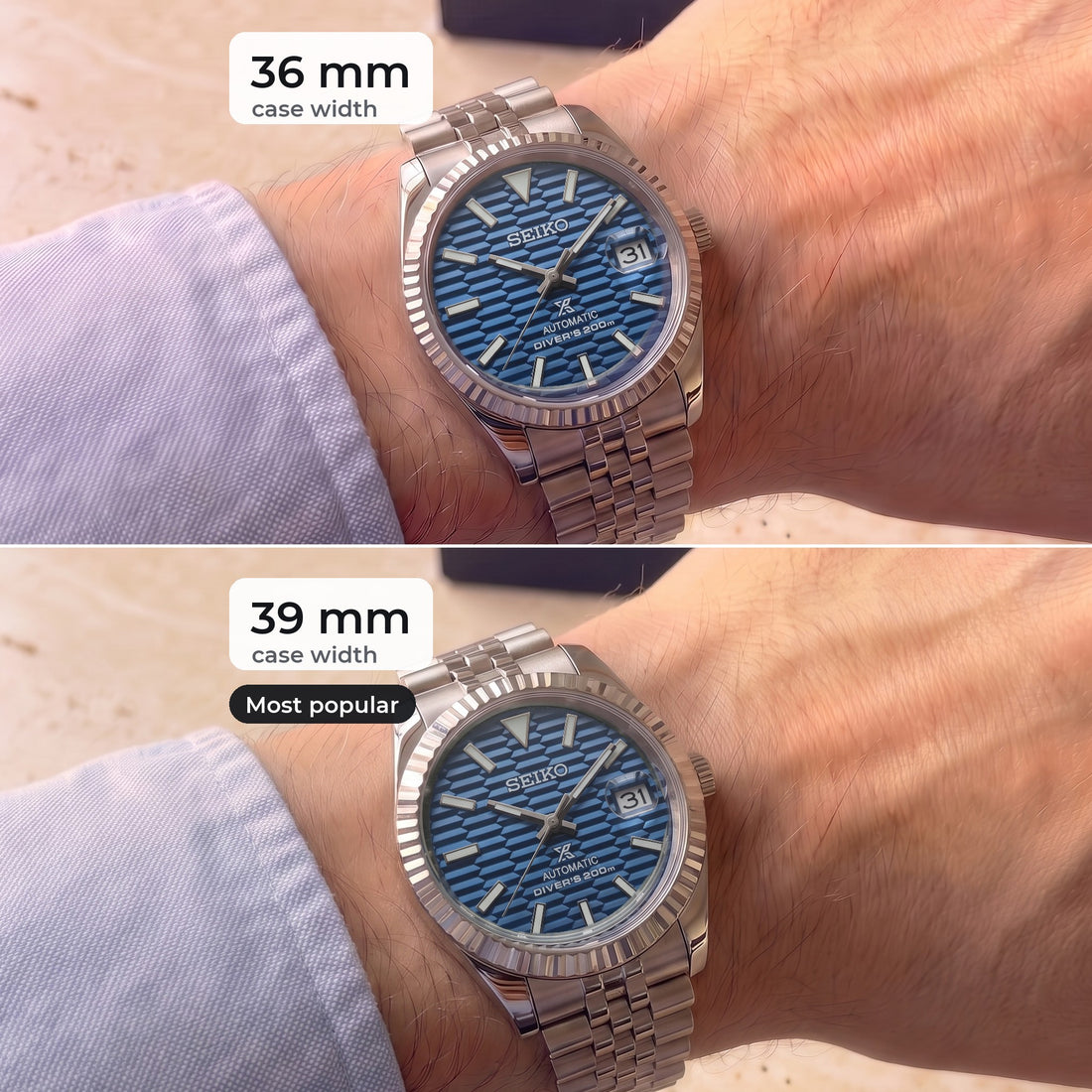 Datejust 36mm and 39mm case sizes compared on the same wrist