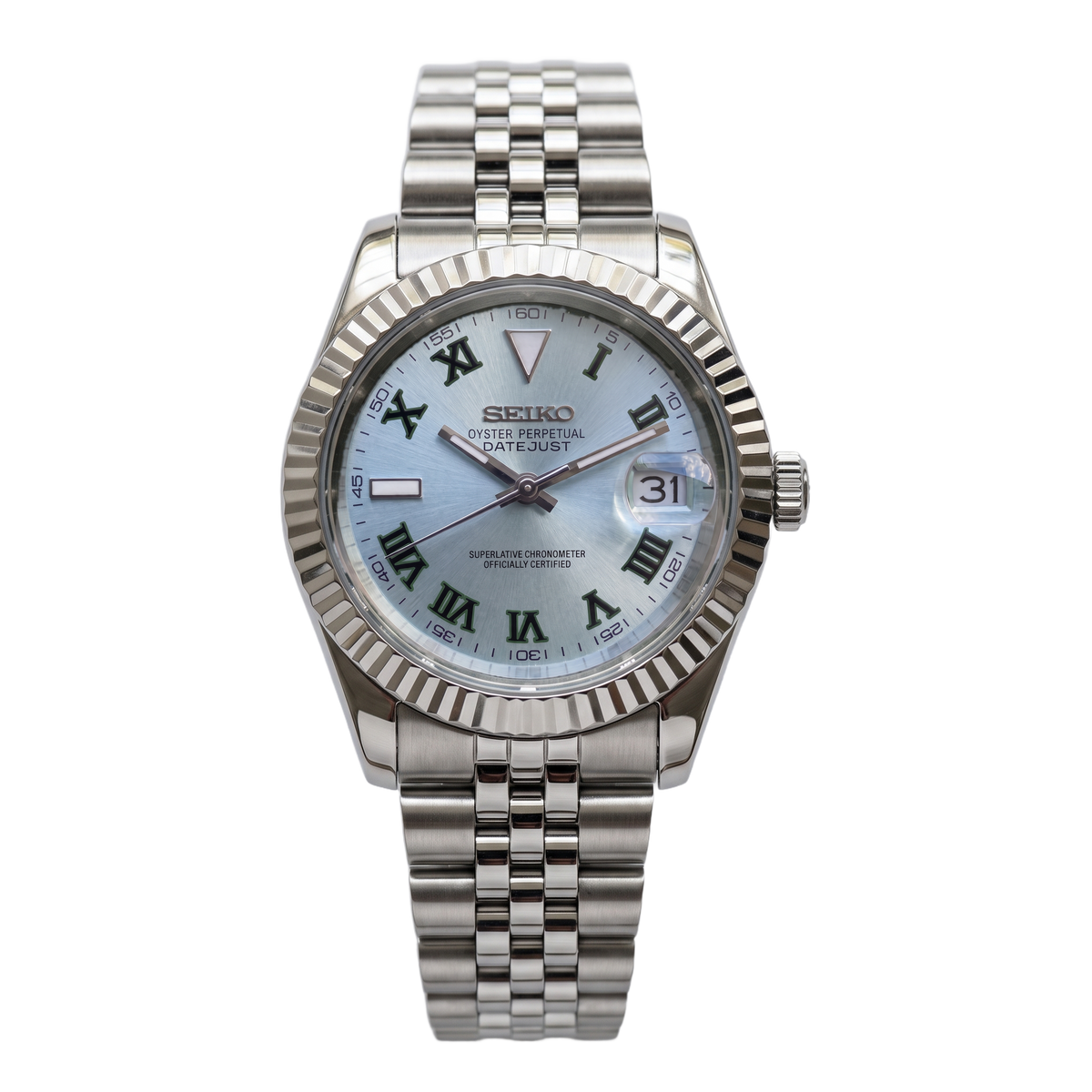Ice Blue Wimbledon Seiko mod Datejust front view on Jubilee