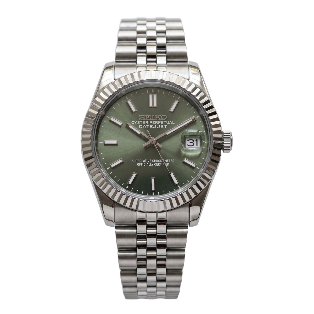 Sage Green Dial Seiko mod Datejust front view on Jubilee