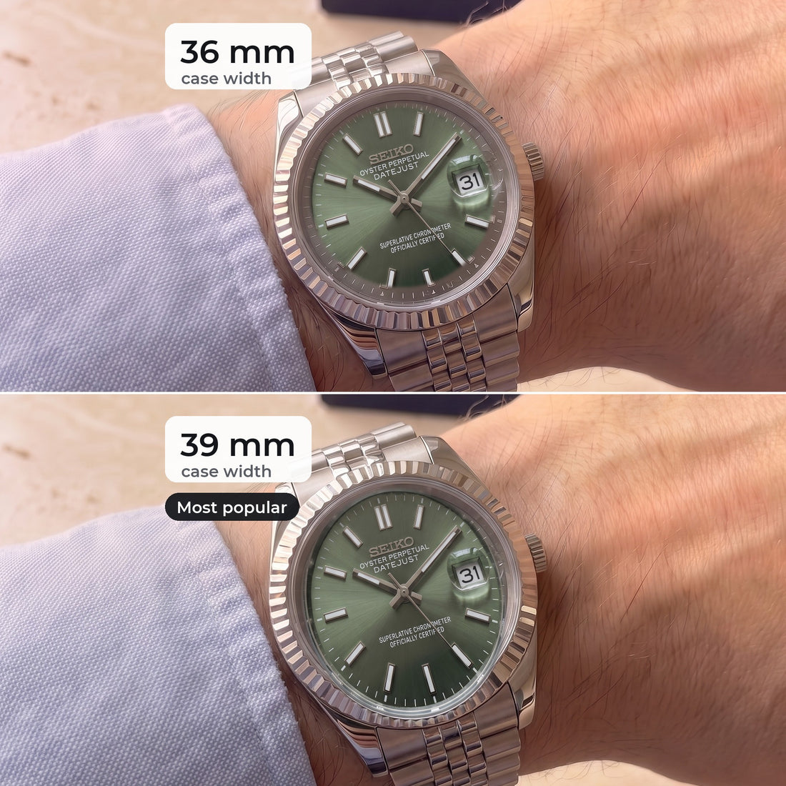 Datejust 36mm and 39mm case sizes compared on the same wrist