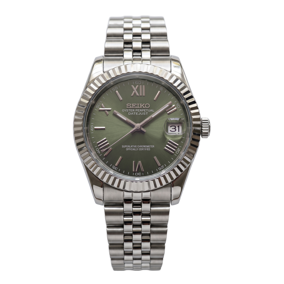Olive Roman Seiko mod Datejust front view on Jubilee